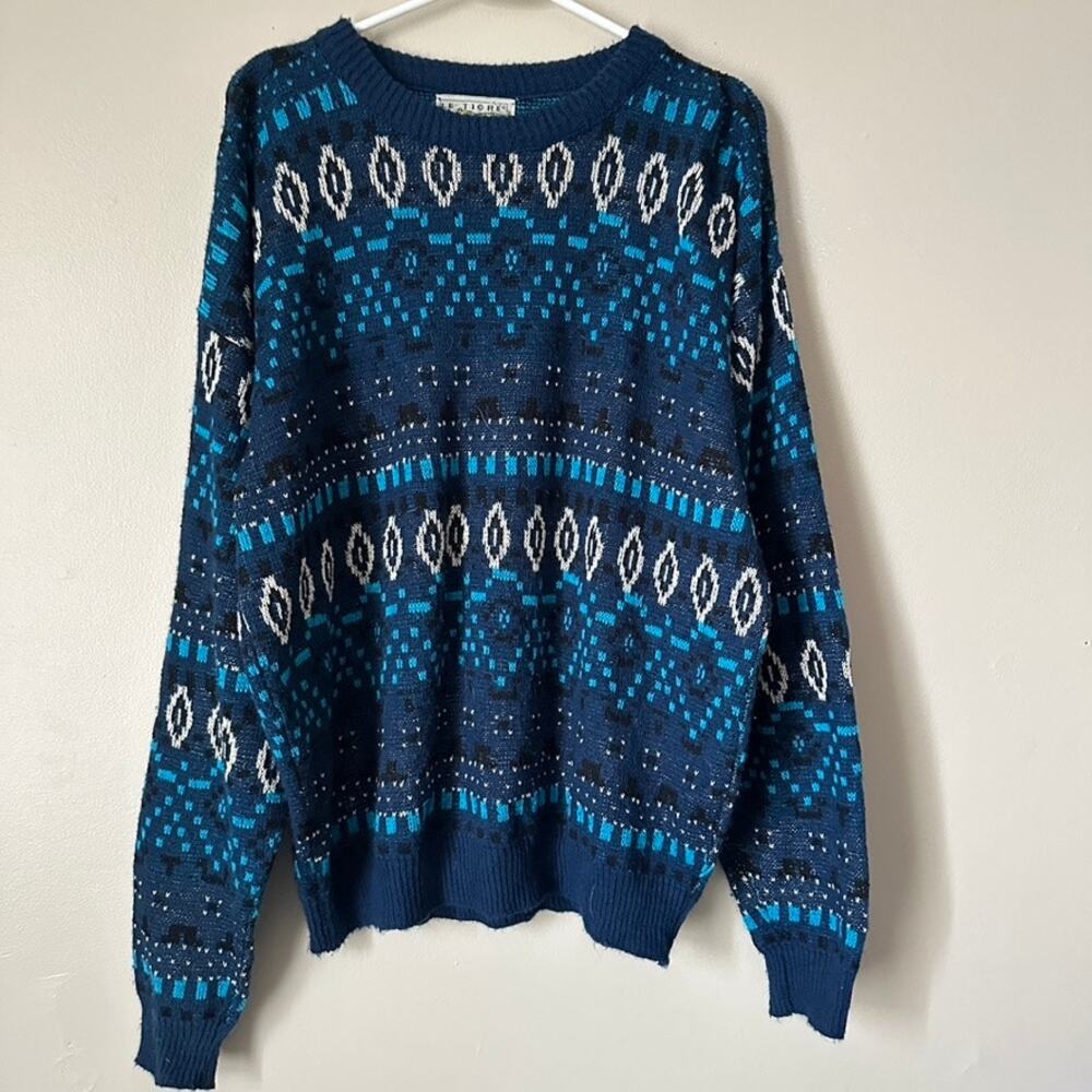 Le Tigre Vintage Mens XL Sweater Grunge Grandpa Retro Blue Crew Neck 90s USA - Picture 2 of 10